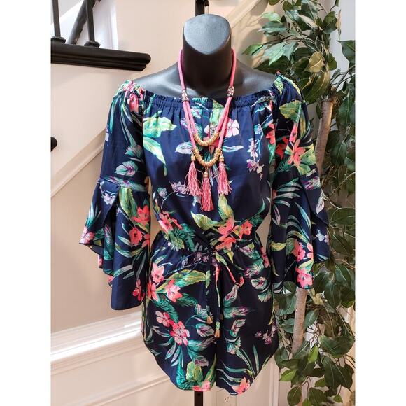 Hint of Blush Women's Off-Shoulder Floral Romper Size M Navy 100% Polyester - Picture 1 of 11